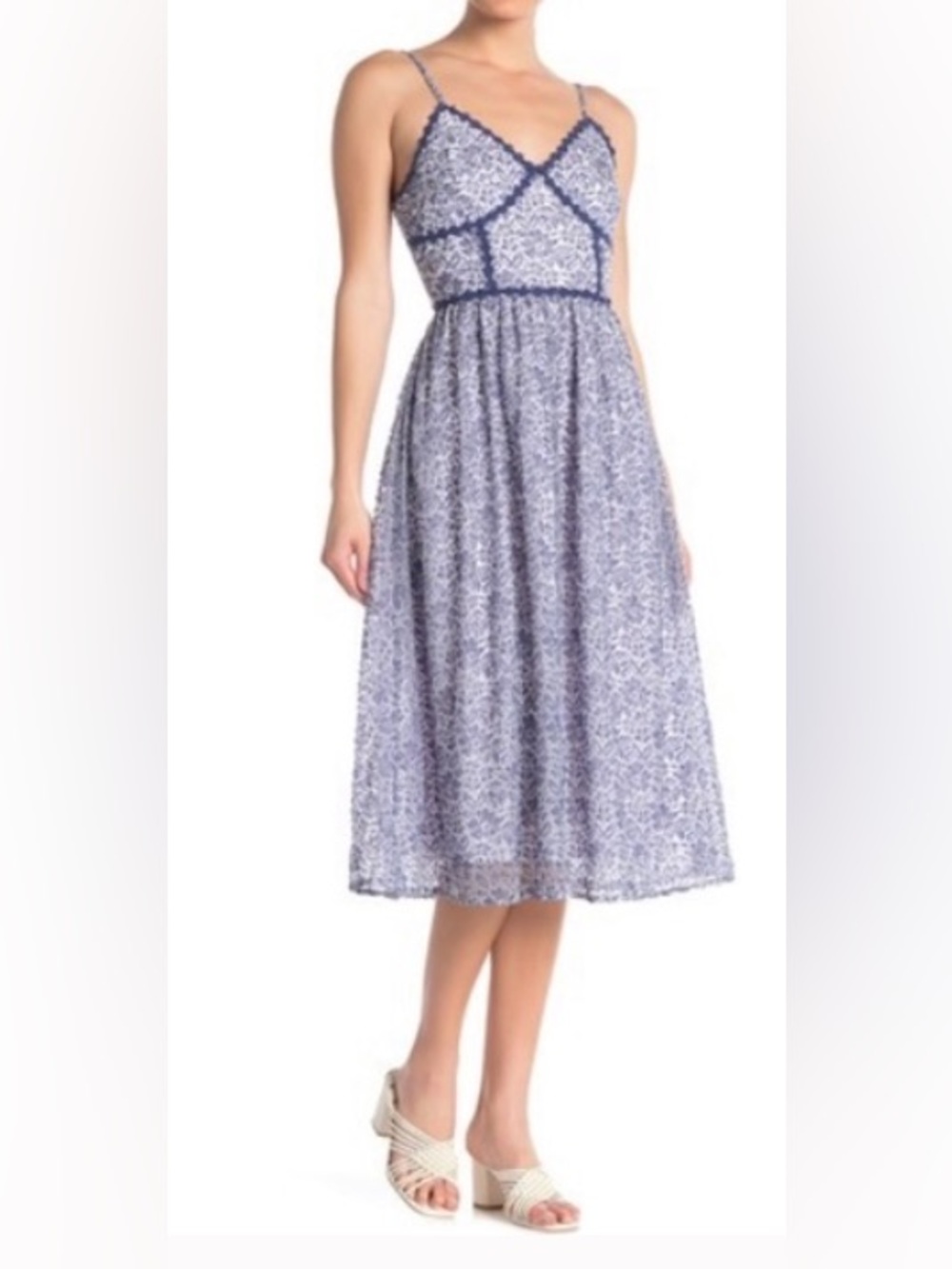 NSR‎ Blue Lace-Trim Floral Midi Dress